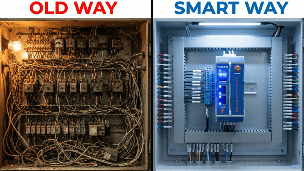 Infographic comparing messy relay logic to modern Folks Automation FC100-B PLC