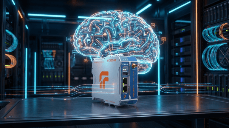 Folks Automation FC100-B PLC visualized as a digital brain processing industrial logic
