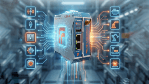Diagram how a PLC works showing Folks Automation FC100-B controller connecting inputs and outputs
