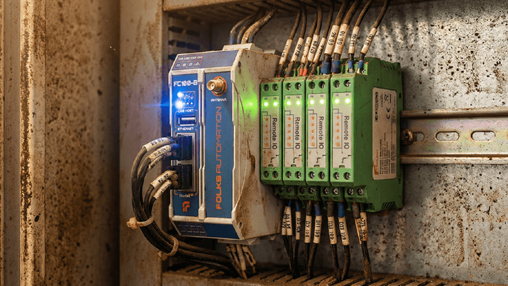 Folks Automation FC100-B PLC and Remote IO modules installed inside a dusty industrial control panel in a palm oil mill