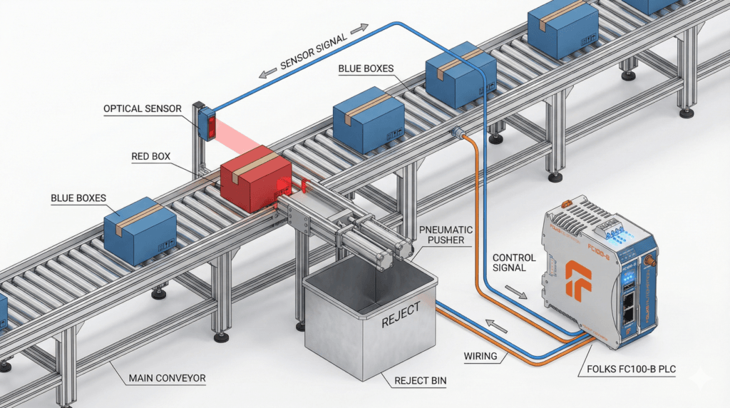 Isometric diagram of smart conveyor belt sorting system controlled by a PLC sensor and actuator