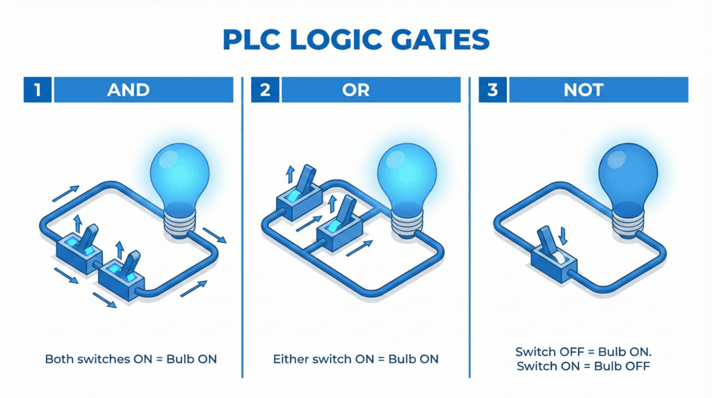 Infographic chart explaining PLC Logic Gates AND OR NOT using switch and light bulb examples