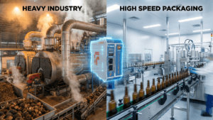 Split screen showing Palm Oil Mill heavy industry and high-speed Food Packaging line automated by Folks Automation FC100-B PLC
