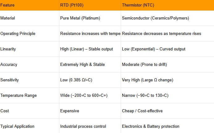 Folks Automation - Comparison Table RTD (Pt100) vs Thermistor
