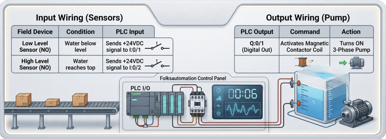 Folks Automation - Scenario A water tank utilizes two level sensors (Low & High) and one automated pump.